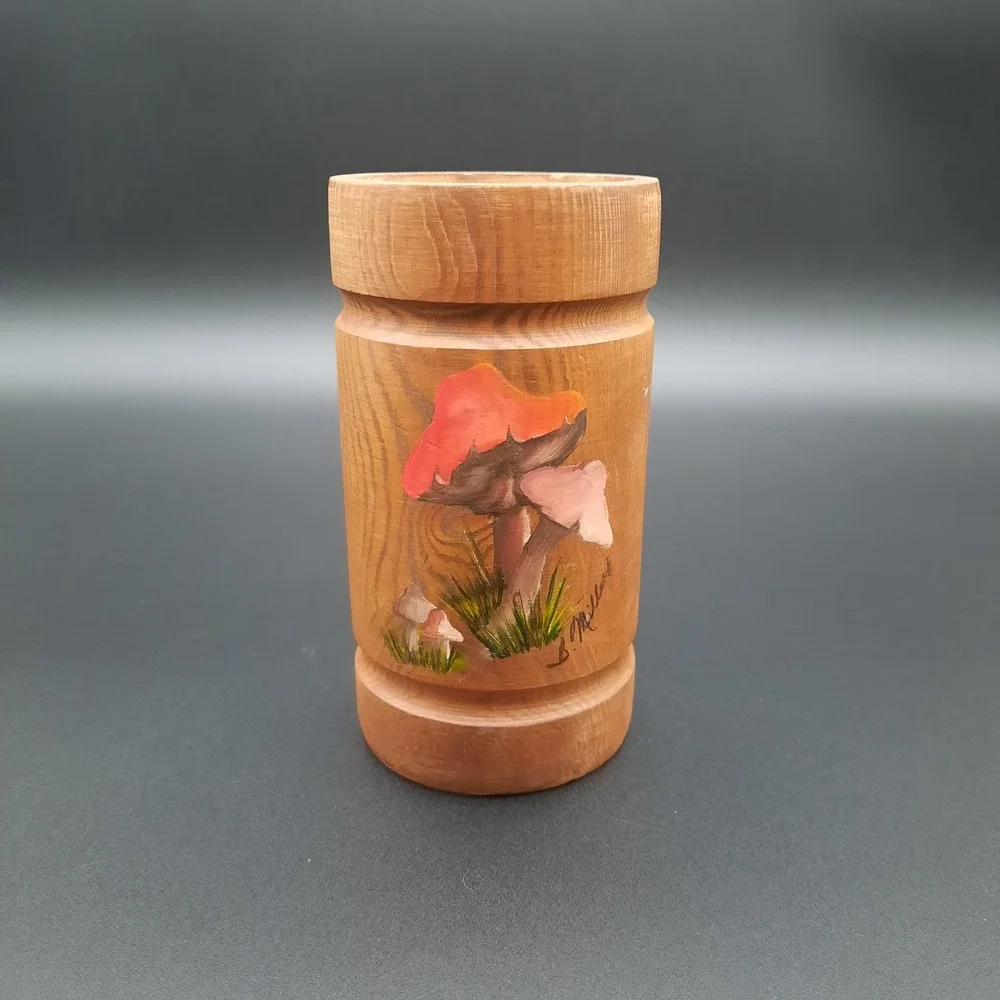 Hand-Painted Wooden Cup with Mushroom Design by B. Miller – Unique 6